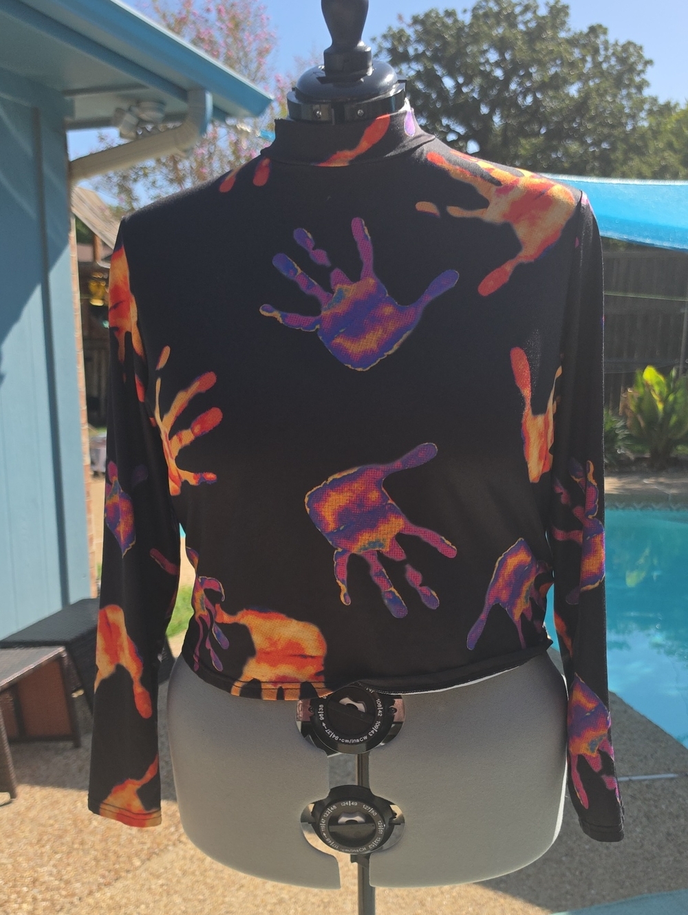 Black Long-Sleeve Handprint Mock Neck Top